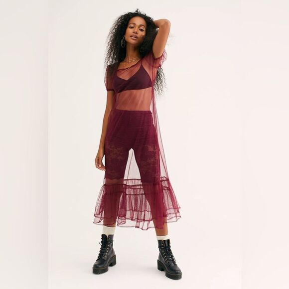 Free People Intimately Sheer Midi Slip Small Burgundy - Picture 2 of 9